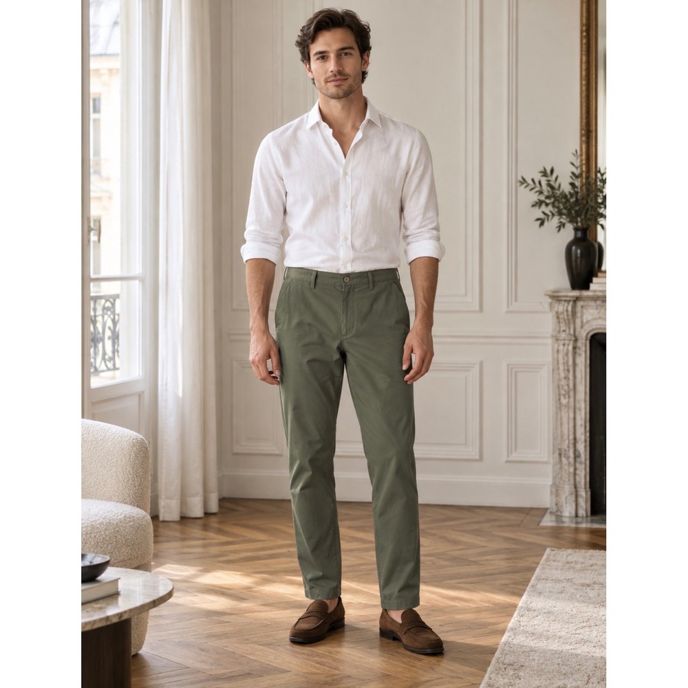 J.Crew Flex Straight Fit Tech Chino Pants Olive Green Mens 35x32 Preppy Office